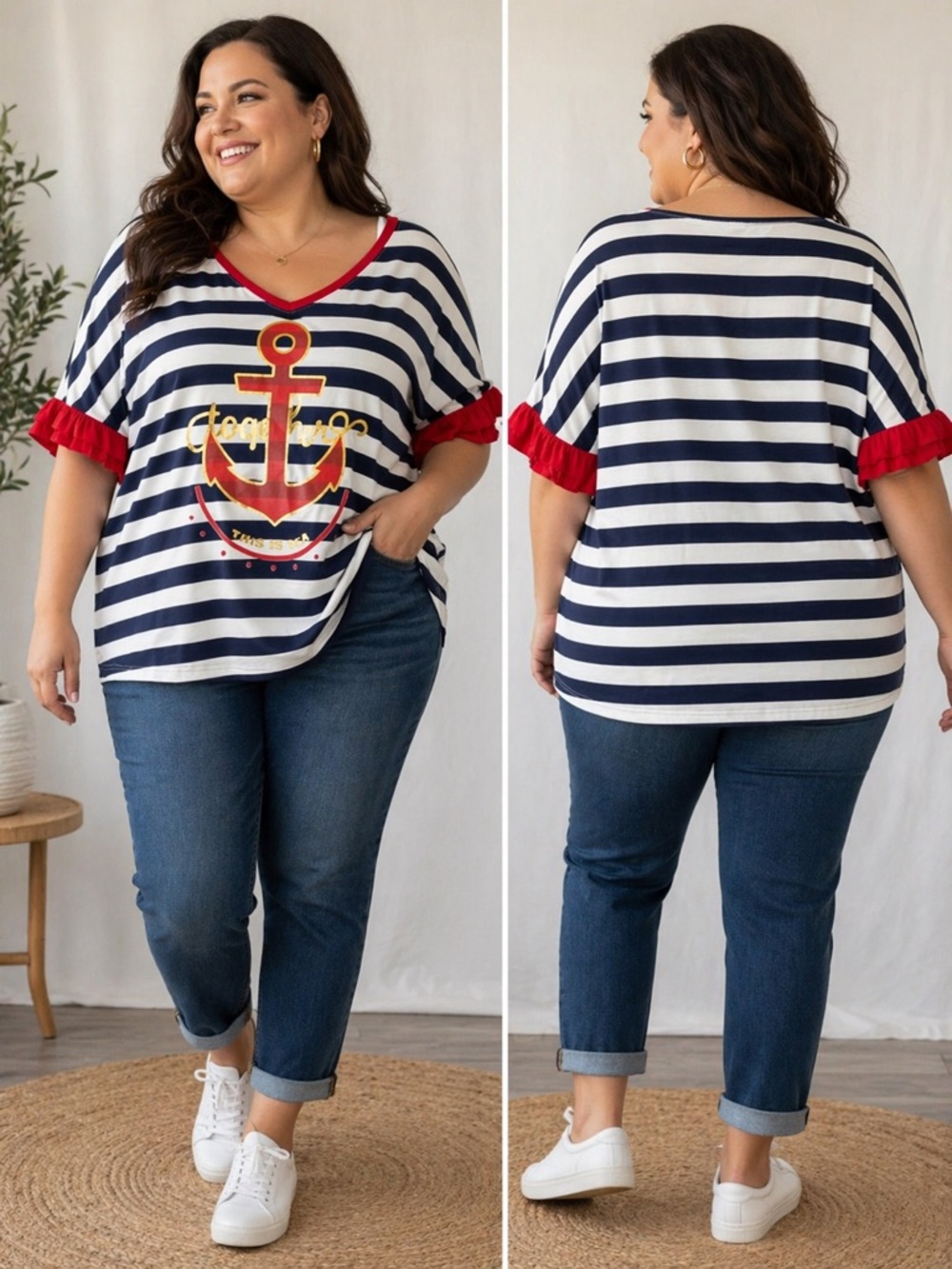 Nautical Striped Anchor Tee with Red Trim
